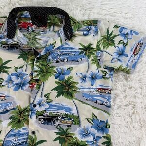 BC Collection Mens Tropical Hawaiian Shirt Large Classic Cars Palm Trees Floral